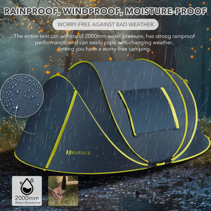 "4-Person Waterproof Pop-Up Instant Tent - spacious doors and windows, dark blue, perfect for camping."
