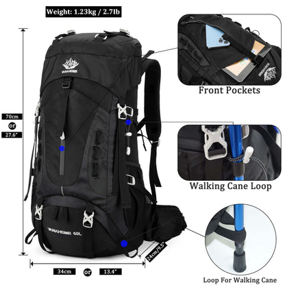 "TrekMate 60L Waterproof Travel Backpack with rain cover - perfect for hiking, camping, and outdoor adventures."

